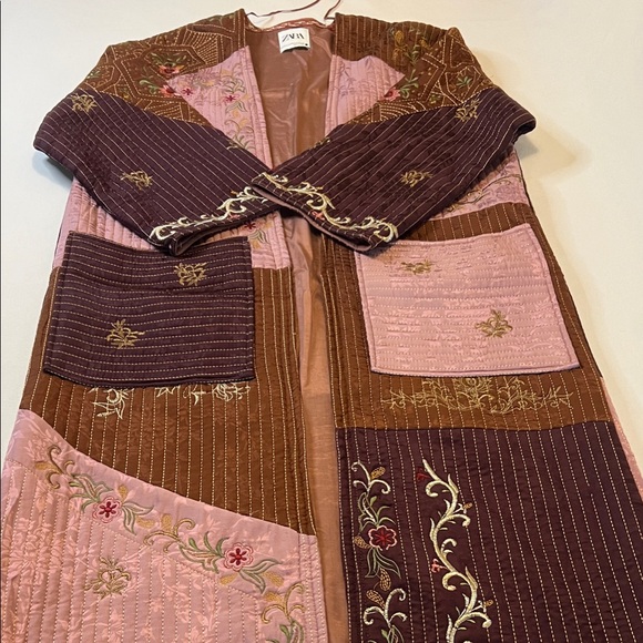 Zara NWOT Brown and Pink Embroidered Robe Coat - Picture 1 of 5